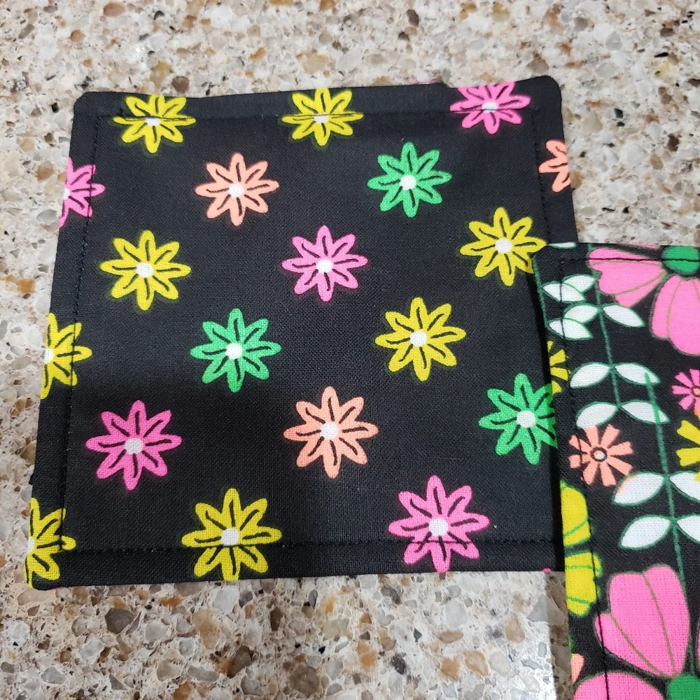 Coasters set of 4 neon flowers black pink green yellow handmade
